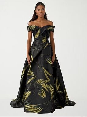 NWT Rene Ruiz Collection Black Gold Brocade Off the Shoulder Gown Size 16